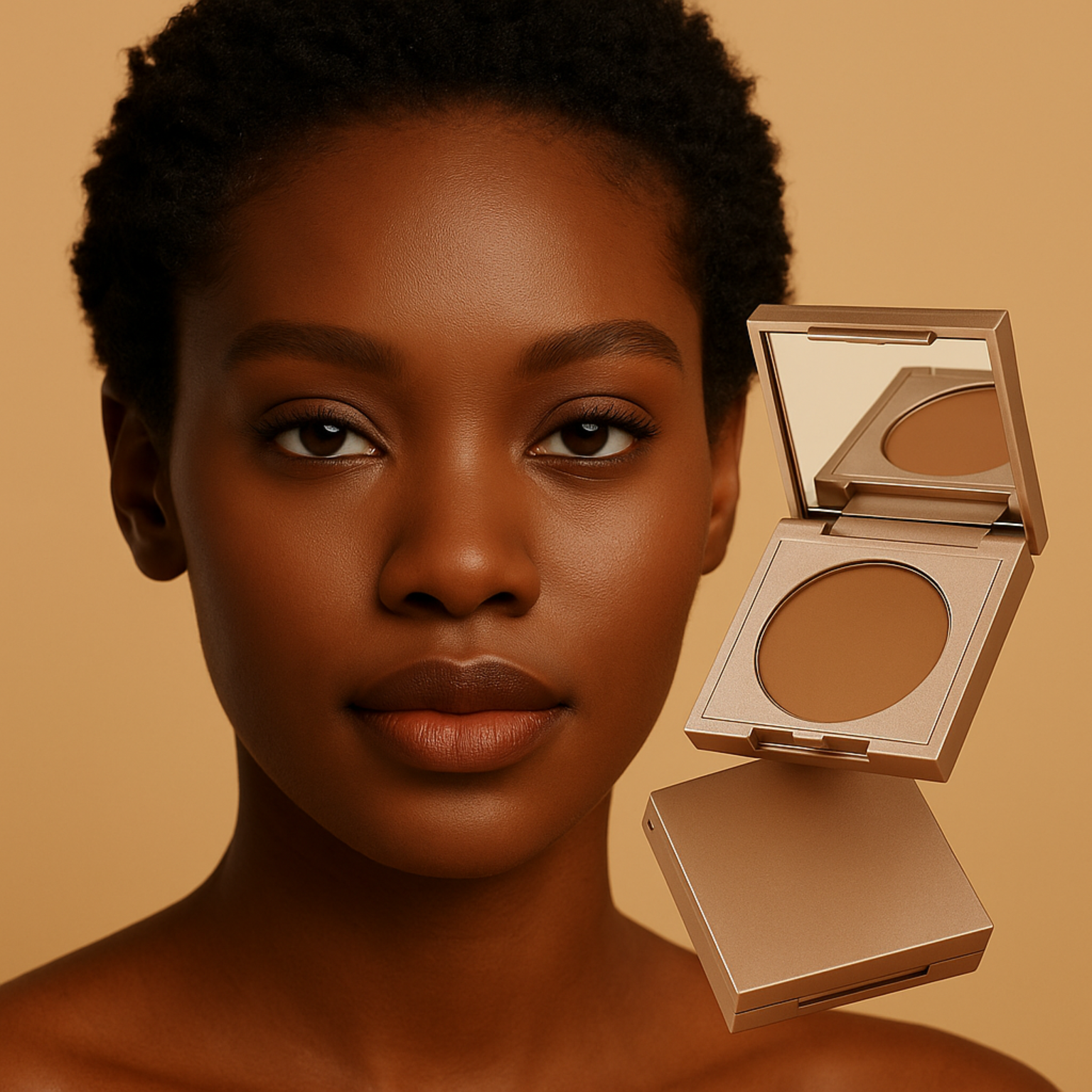 Woman with a compact powder on a beige background