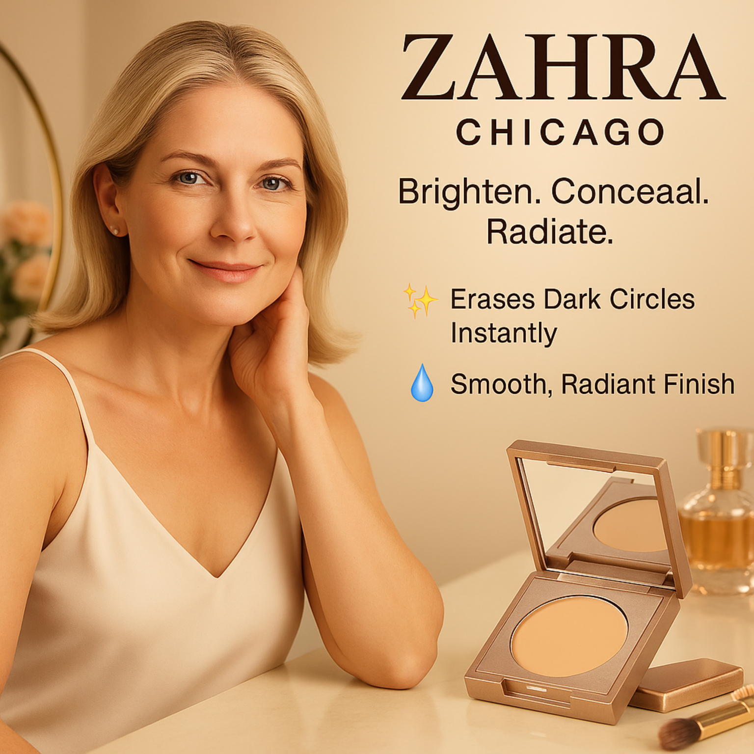 Woman with a smooth, radiant finish next to a ZAHRA Chicago product on a beige background